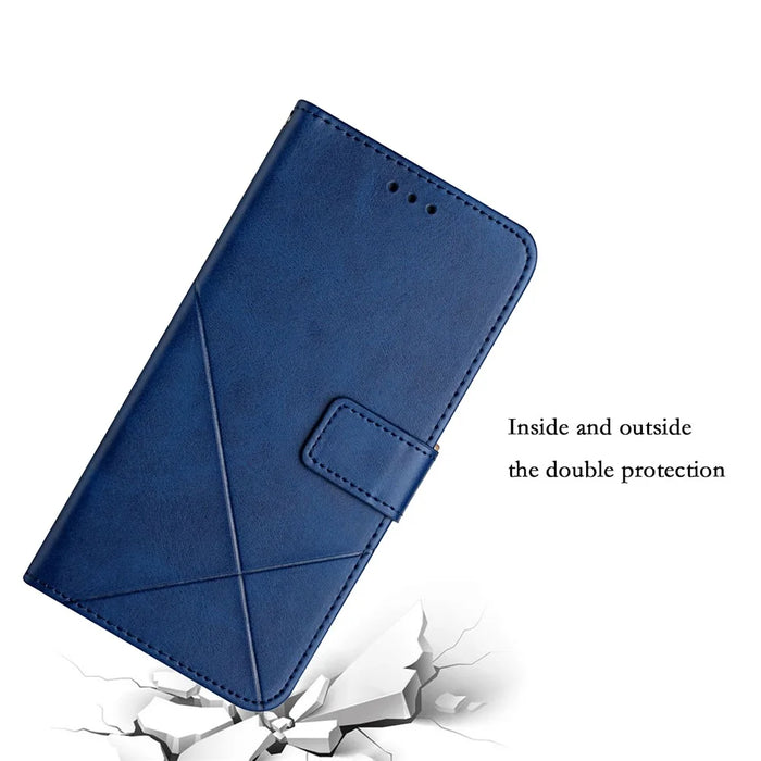 For Samsung Galaxy A27 5G Case Line Pattern Wallet Leather Phone Cover with Wrist Strap - Blue - 5