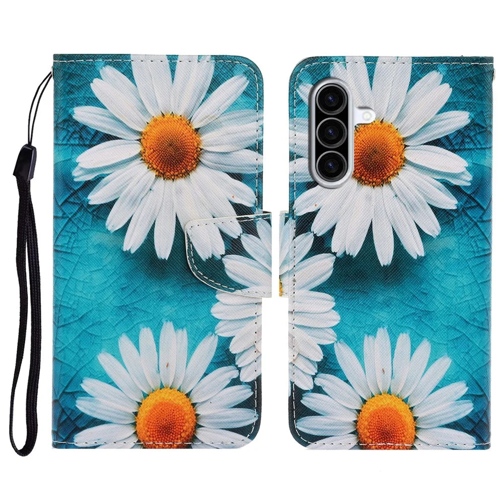 For Samsung Galaxy A27 5G Case Pattern Printing Protective Leather Folio Phone Cover with Wrist Strap - Chrysanthemum - 1