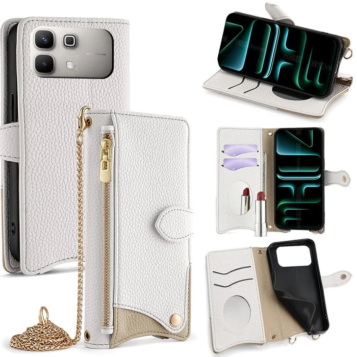 For Infinix Note 60 5G Leather Case Wallet Stand Cover Irregular Tail Style with Chain Strap - White - 1