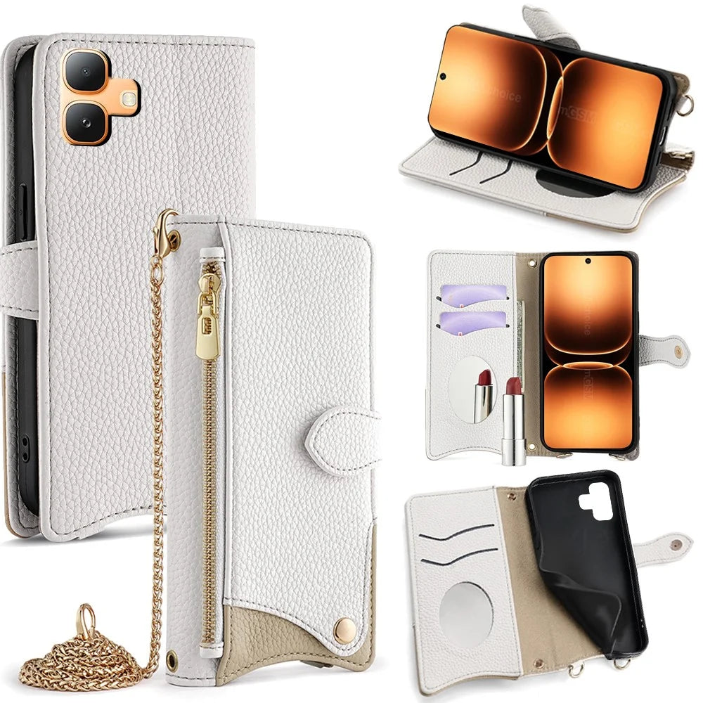 For Infinix Smart 20 4G Leather Case Wallet Stand Cover Irregular Tail Style with Chain Strap - White - 1