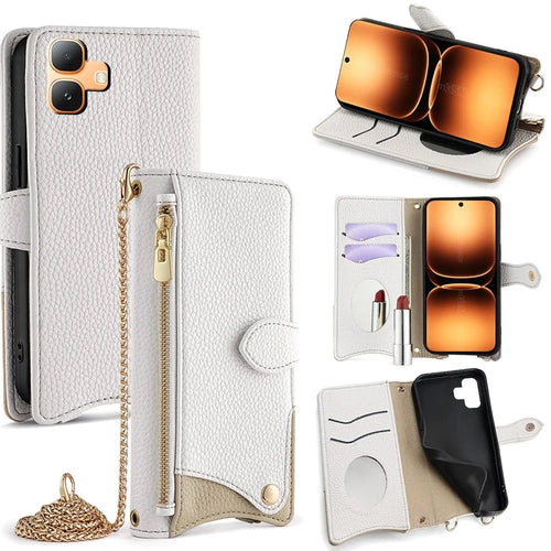 For Infinix Smart 20 4G Leather Case Wallet Stand Cover Irregular Tail Style with Chain Strap - White - 1