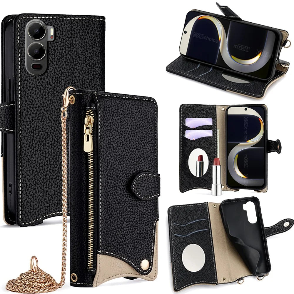 For itel City 200 Leather Case Wallet Stand Cover Irregular Tail Style with Chain Strap - Black - 1