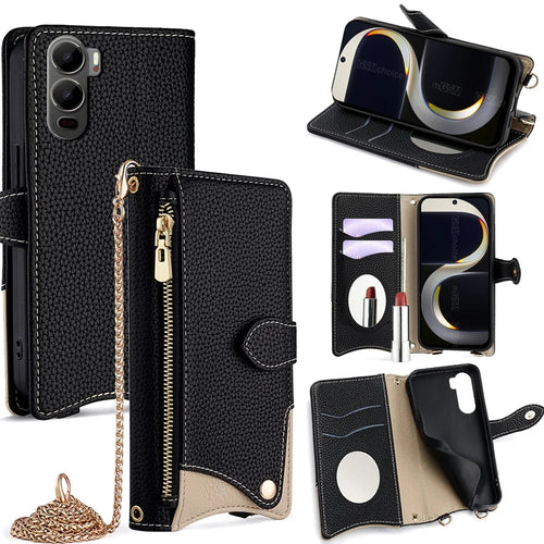 For itel City 200 Leather Case Wallet Stand Cover Irregular Tail Style with Chain Strap - Black - 1