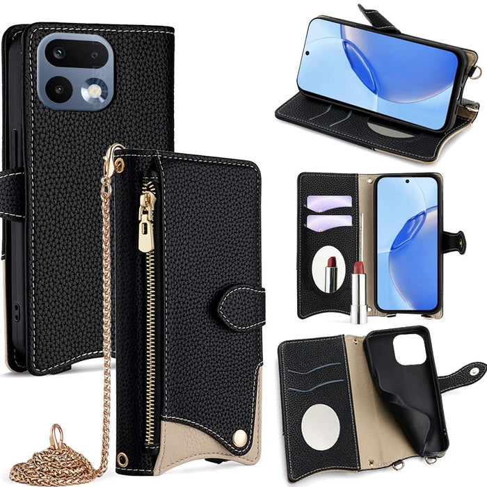 For Realme 16 Pro 5G Leather Case Wallet Stand Cover Irregular Tail Style with Chain Strap - Black - 1