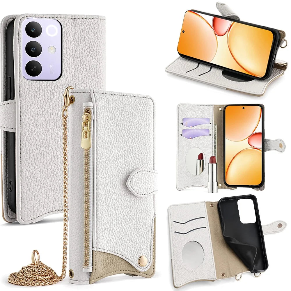 For Realme C85 Pro 4G Leather Case Wallet Stand Cover Irregular Tail Style with Chain Strap - White - 1