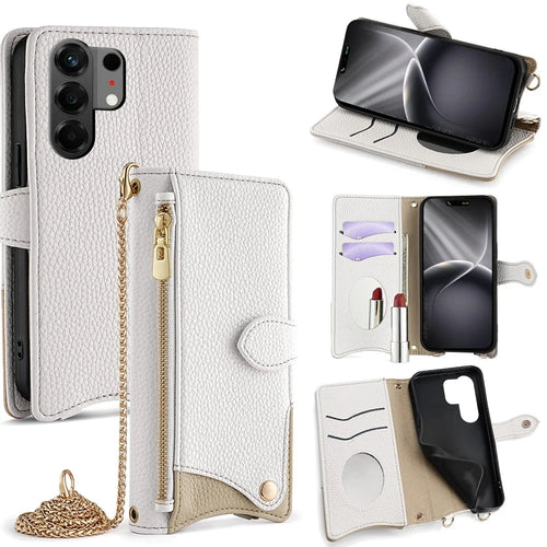 For TECNO Camon 50 4G Leather Case Wallet Stand Cover Irregular Tail Style with Chain Strap - White - 1