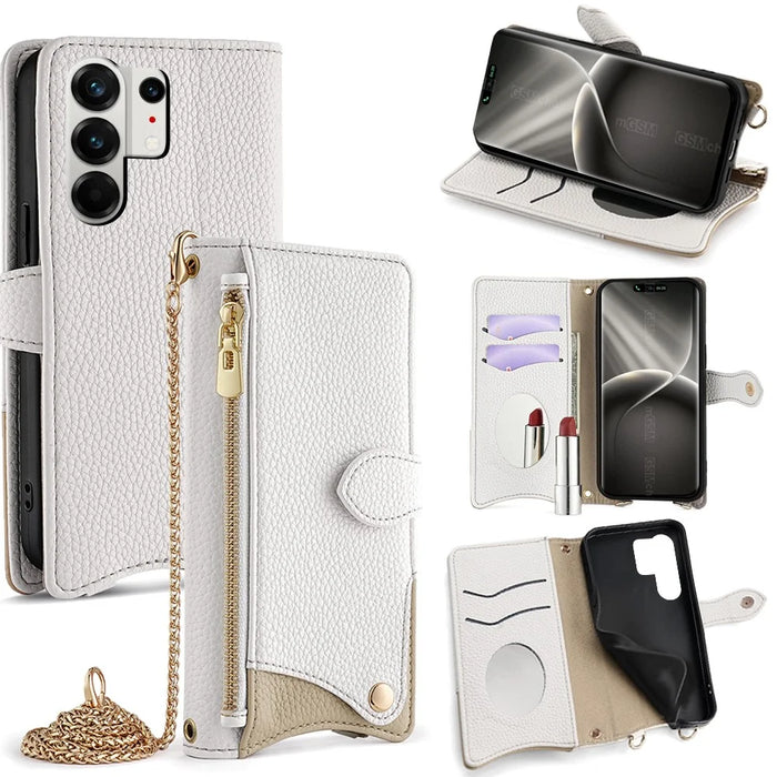 For TECNO Camon 50 Pro 4G Leather Case Wallet Stand Cover Irregular Tail Style with Chain Strap - White - 1