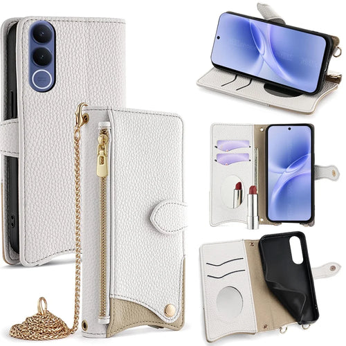 For vivo V70 FE 5G Leather Case Wallet Stand Cover Irregular Tail Style with Chain Strap - White - 1