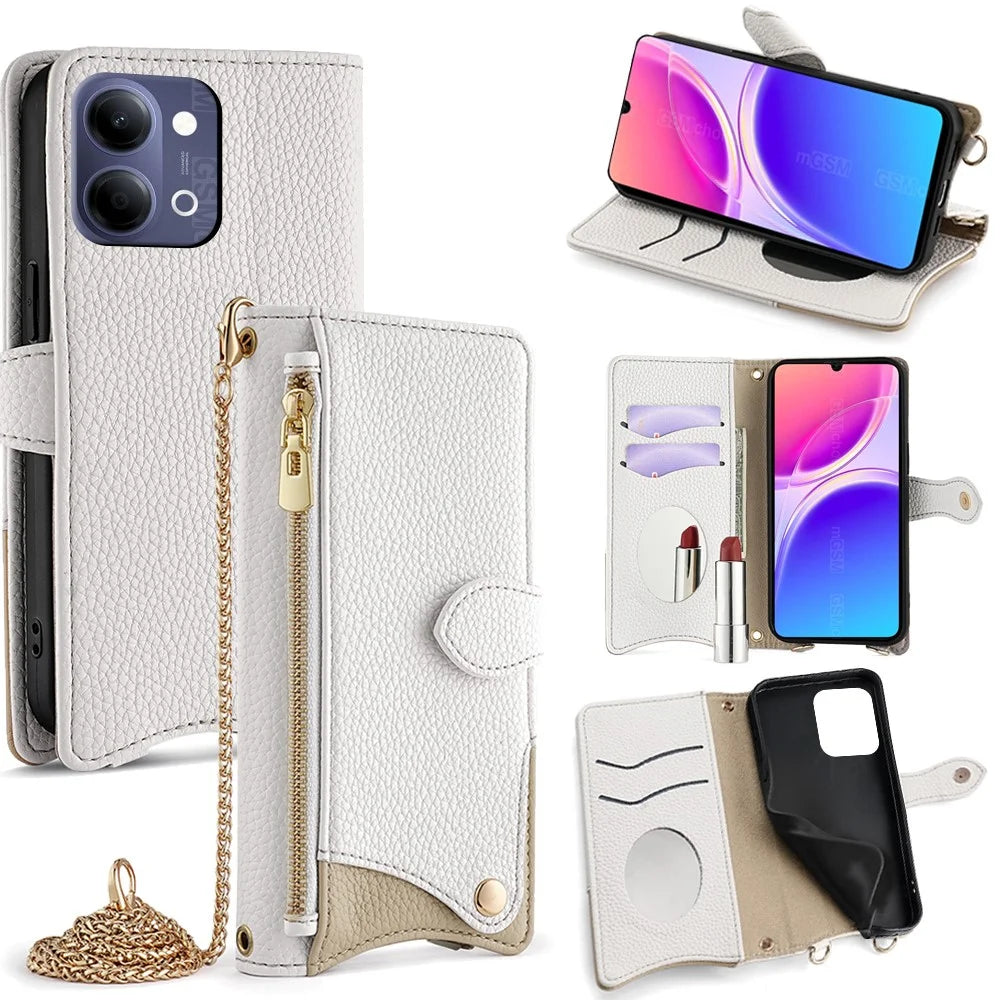 For vivo Y05 4G  /  Y21 5G (2026) Leather Case Wallet Stand Cover Irregular Tail Style with Chain Strap - White - 1