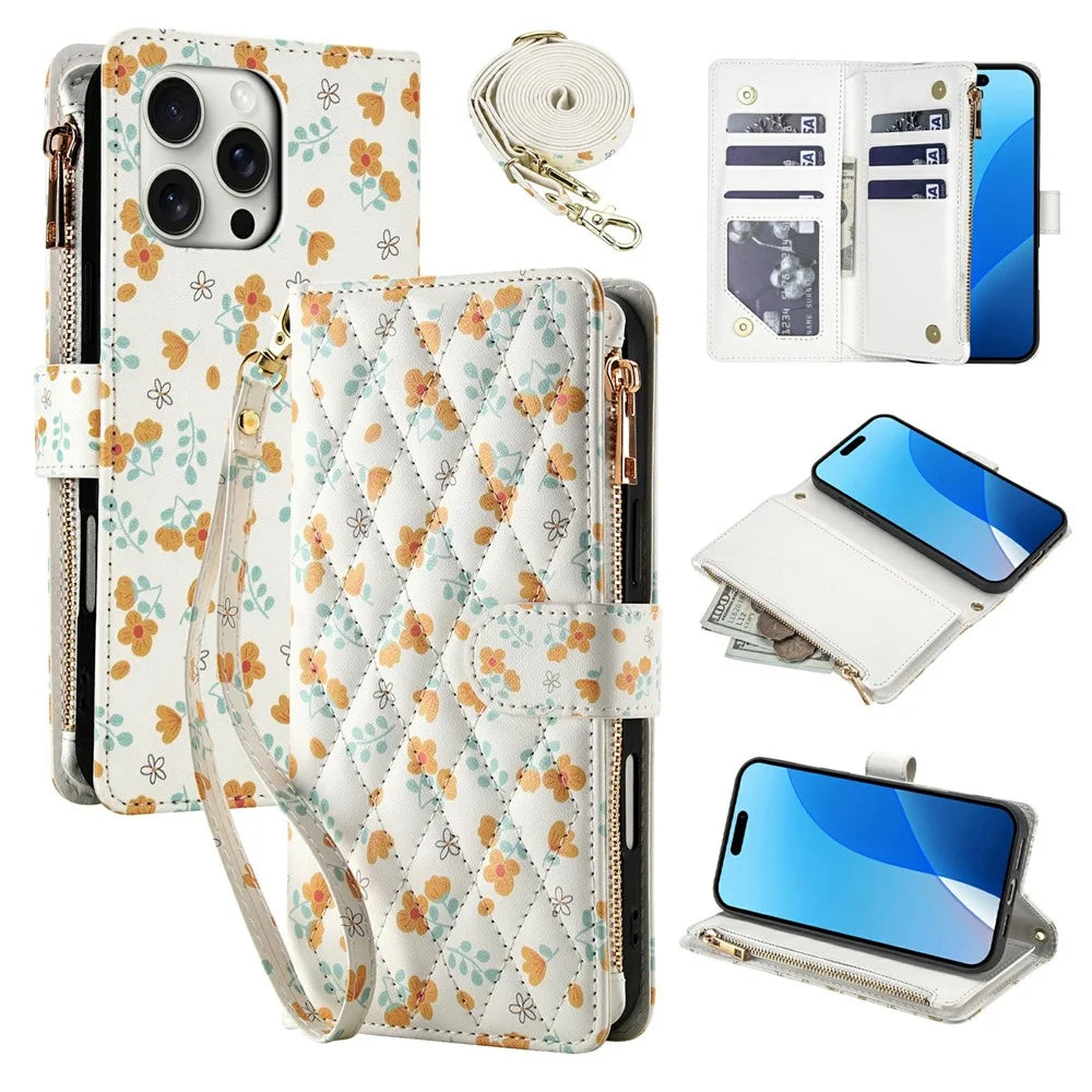 For iPhone 16 Pro Max Leather Case with Wrist Strap   /   Shoulder Strap Rhombic Floral Pattern Zipper Wallet Phone Cover - A3 - 1