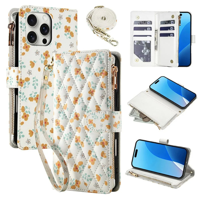 For iPhone 16 Pro Max Leather Case with Wrist Strap   /   Shoulder Strap Rhombic Floral Pattern Zipper Wallet Phone Cover - A3 - 1