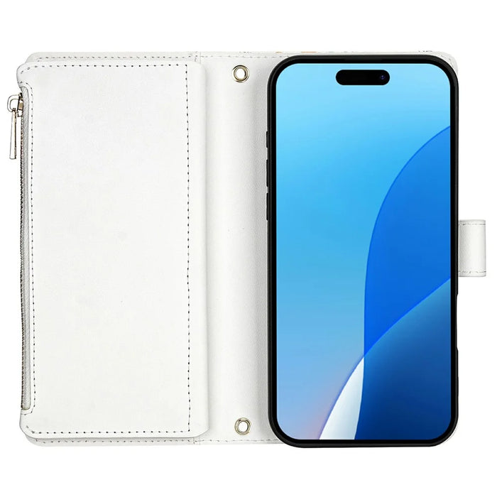 For iPhone 16 Pro Max Leather Case with Wrist Strap   /   Shoulder Strap Rhombic Floral Pattern Zipper Wallet Phone Cover - A3 - 2