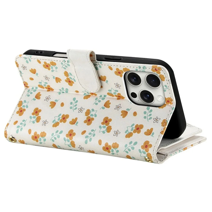 For iPhone 16 Pro Max Leather Case with Wrist Strap   /   Shoulder Strap Rhombic Floral Pattern Zipper Wallet Phone Cover - A3 - 5
