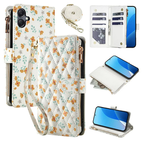 Leather Case For Samsung Galaxy A08 5G / A08 4G / A07 5G / A07 4G / A06 5G / A06 4G Rhombic Floral Pattern Zipper Wallet Phone Cover with Wrist Strap   /   Shoulder Strap - A3 - 1