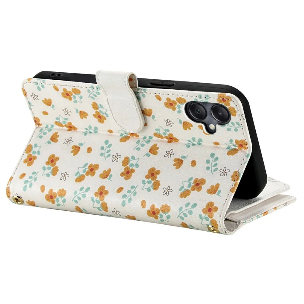 Leather Case For Samsung Galaxy A08 5G / A08 4G / A07 5G / A07 4G / A06 5G / A06 4G Rhombic Floral Pattern Zipper Wallet Phone Cover with Wrist Strap   /   Shoulder Strap - A3 - 5