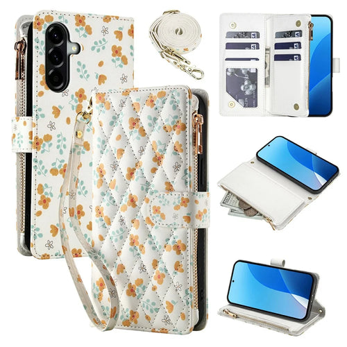 Leather Case For Samsung Galaxy A37 5G  /  A36 5G  /  A56 5G Rhombic Floral Pattern Zipper Wallet Phone Cover with Wrist Strap   /   Shoulder Strap - A3 - 1