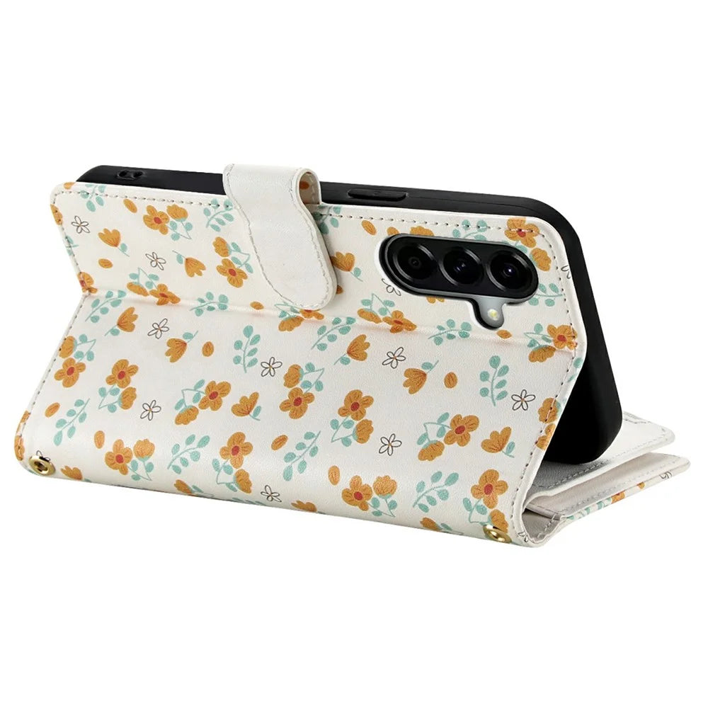 Leather Case For Samsung Galaxy A37 5G  /  A36 5G  /  A56 5G Rhombic Floral Pattern Zipper Wallet Phone Cover with Wrist Strap   /   Shoulder Strap - A3 - 5