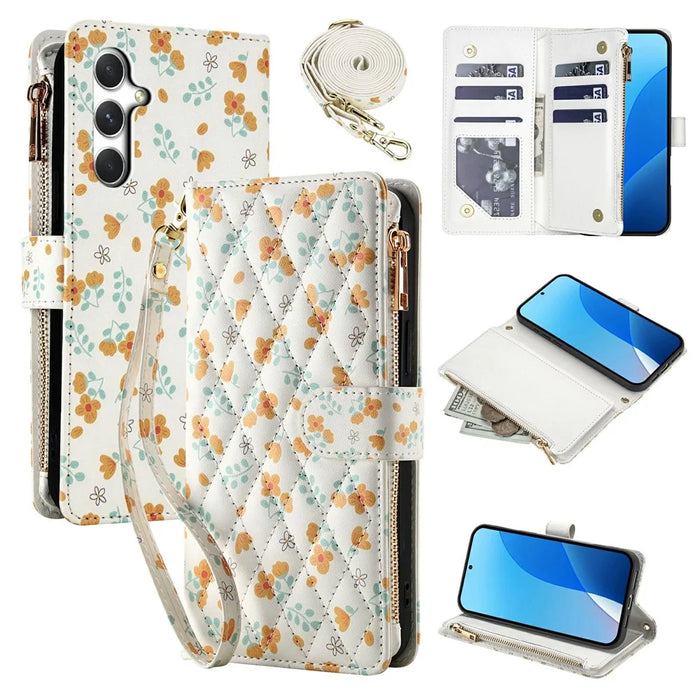 Leather Case For Samsung Galaxy A18 5G / A18 4G / A17 5G / A17 4G / A26 5G Rhombic Floral Pattern Zipper Wallet Phone Cover with Wrist Strap   /   Shoulder Strap - A3 - 1