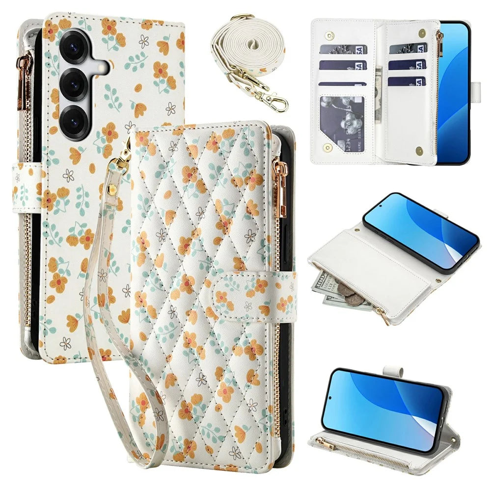 For Samsung Galaxy S25 FE Leather Case with Wrist Strap   /   Shoulder Strap Rhombic Floral Pattern Zipper Wallet Phone Cover - A3 - 1