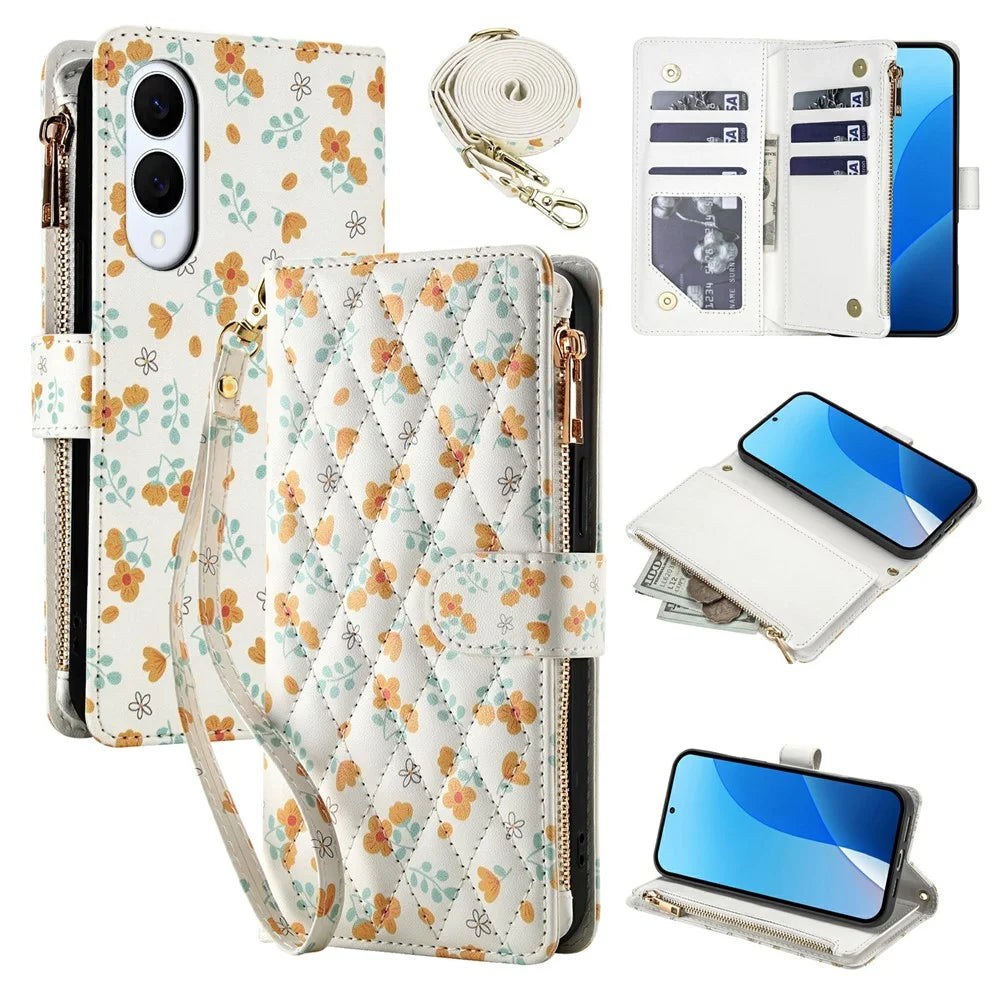 For Samsung Galaxy S25 Edge Leather Case with Wrist Strap   /   Shoulder Strap Rhombic Floral Pattern Zipper Wallet Phone Cover - A3 - 1