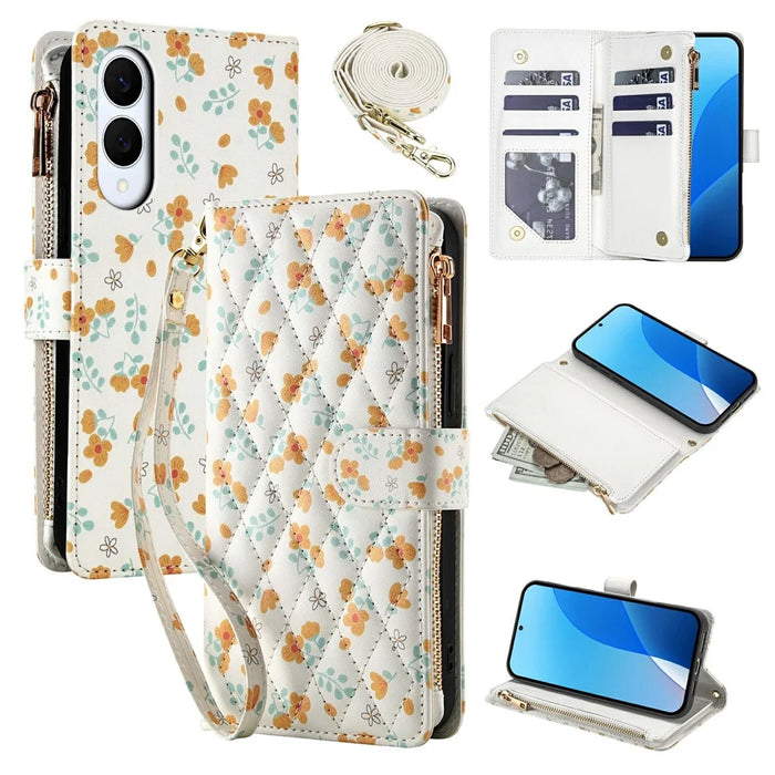 For Samsung Galaxy S25 Edge Leather Case with Wrist Strap   /   Shoulder Strap Rhombic Floral Pattern Zipper Wallet Phone Cover - A3 - 1