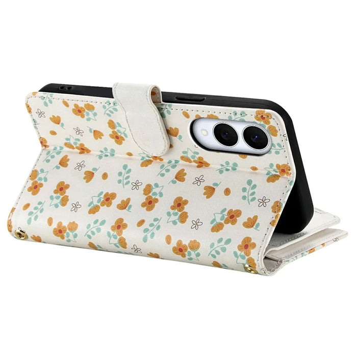 For Samsung Galaxy S25 Edge Leather Case with Wrist Strap   /   Shoulder Strap Rhombic Floral Pattern Zipper Wallet Phone Cover - A3 - 5
