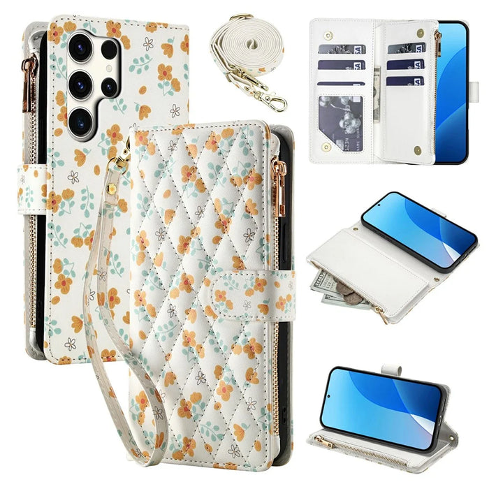 For Samsung Galaxy S25 Ultra Leather Case with Wrist Strap   /   Shoulder Strap Rhombic Floral Pattern Zipper Wallet Phone Cover - A3 - 1