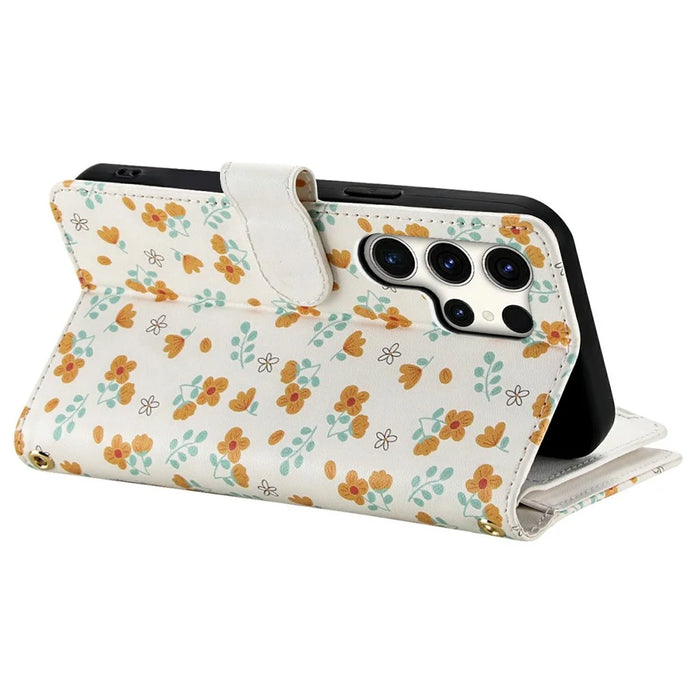 For Samsung Galaxy S25 Ultra Leather Case with Wrist Strap   /   Shoulder Strap Rhombic Floral Pattern Zipper Wallet Phone Cover - A3 - 5