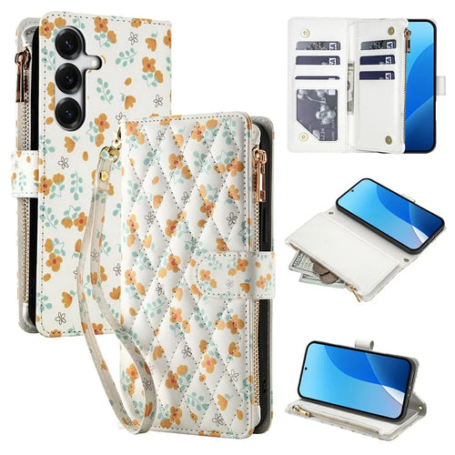 Leather Case For Samsung Galaxy S25+  /  S24+ Rhombic Floral Pattern Zipper Wallet Phone Cover with Wrist Strap   /   Shoulder Strap - A3 - 1
