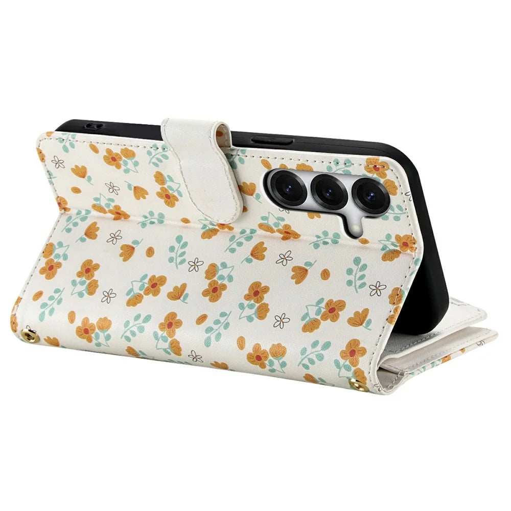 Leather Case For Samsung Galaxy S25+  /  S24+ Rhombic Floral Pattern Zipper Wallet Phone Cover with Wrist Strap   /   Shoulder Strap - A3 - 5