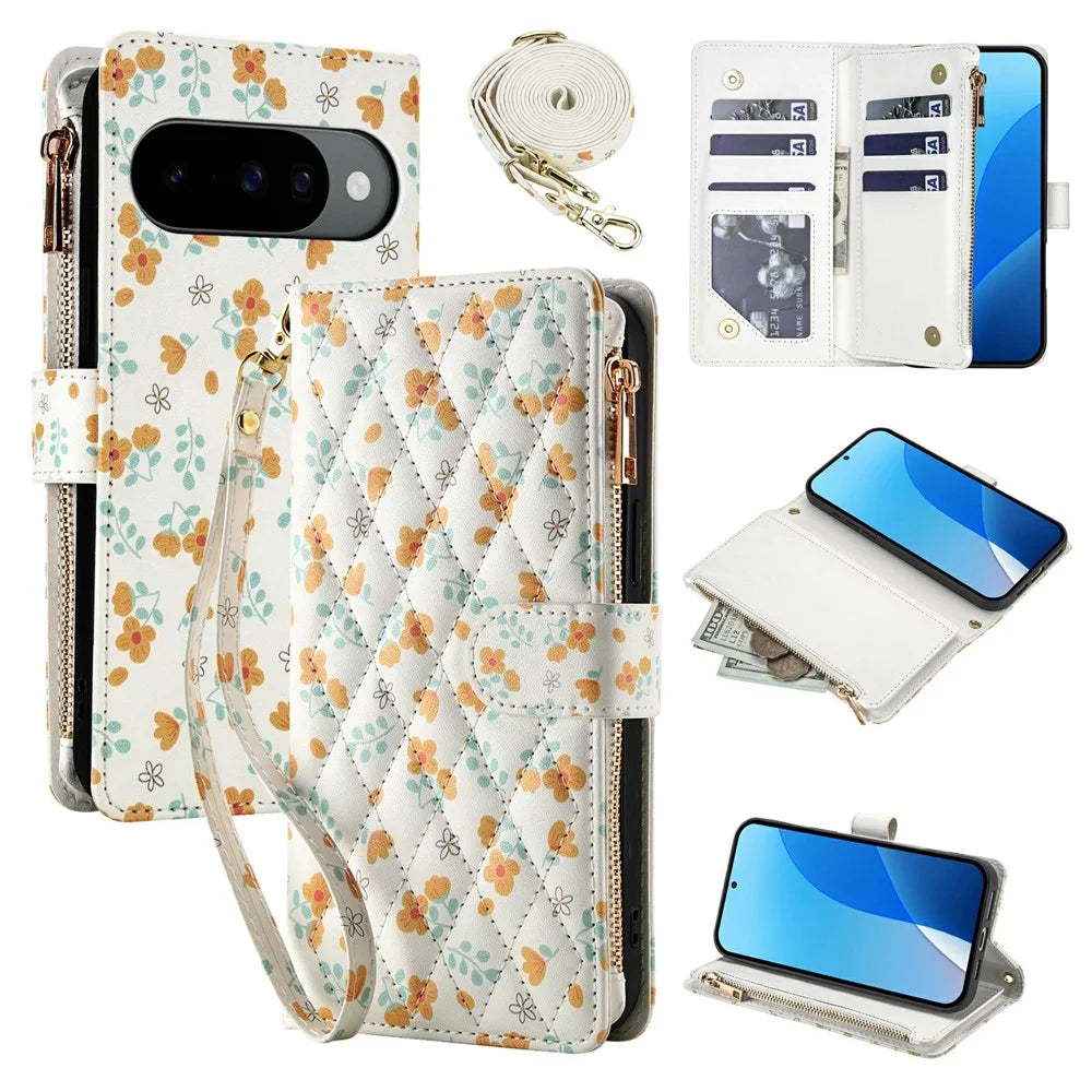 Leather Case For Google Pixel 10  /  10 Pro  /  9  /  9 Pro Rhombic Floral Pattern Zipper Wallet Phone Cover with Wrist Strap   /   Shoulder Strap - A3 - 1