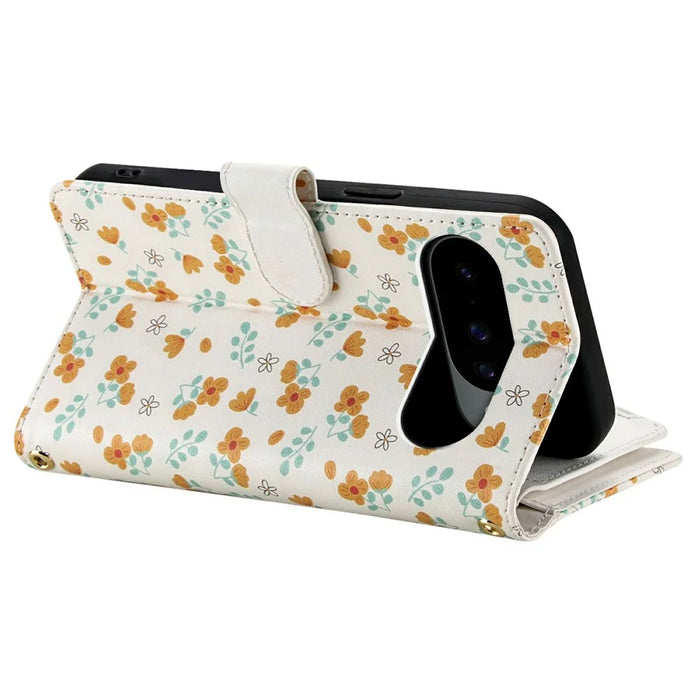 Leather Case For Google Pixel 10  /  10 Pro  /  9  /  9 Pro Rhombic Floral Pattern Zipper Wallet Phone Cover with Wrist Strap   /   Shoulder Strap - A3 - 5