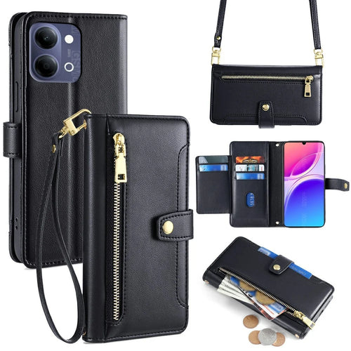 For vivo Y05 4G Leather Case Zipper Pocket Wallet Phone Cover with 2 Straps - Black - 1
