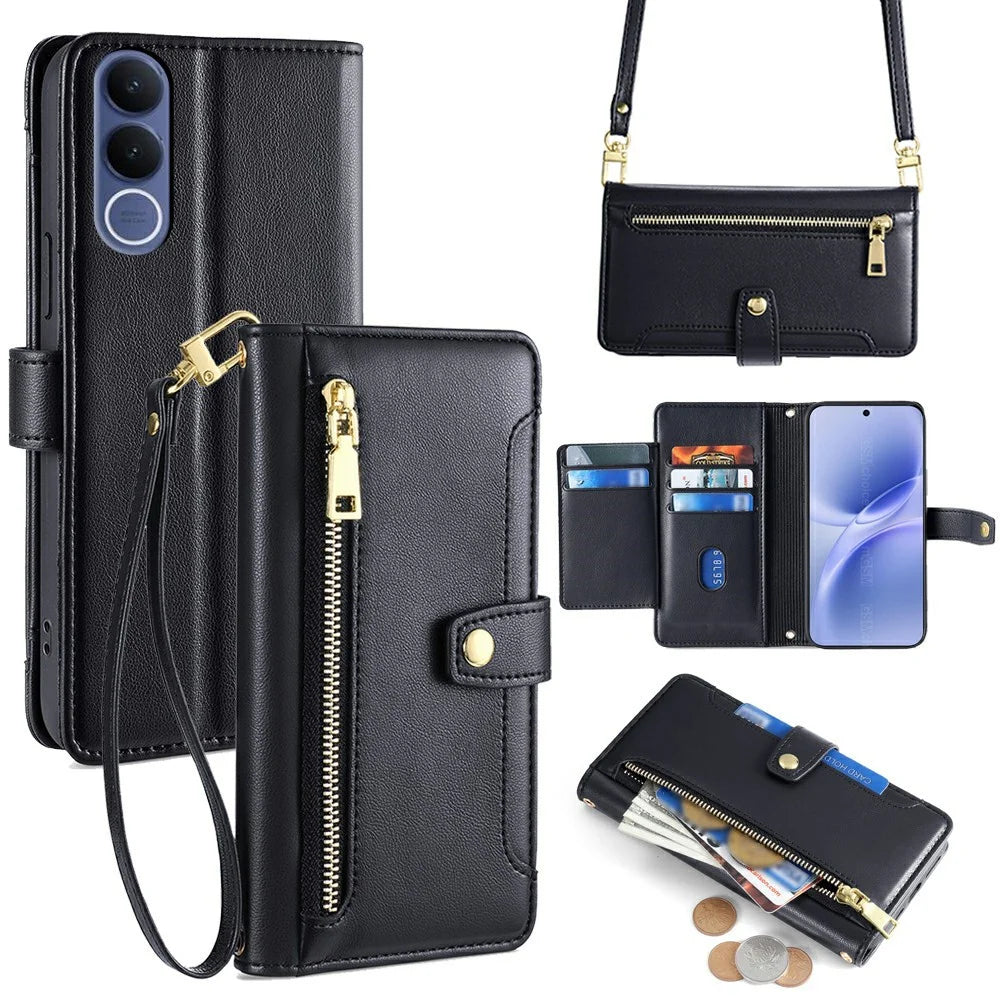 For vivo V70 FE 5G Leather Case Zipper Pocket Wallet Phone Cover with 2 Straps - Black - 1