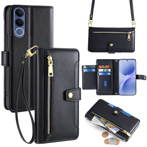 For vivo V70 FE 5G Leather Case Zipper Pocket Wallet Phone Cover with 2 Straps - Black - 1