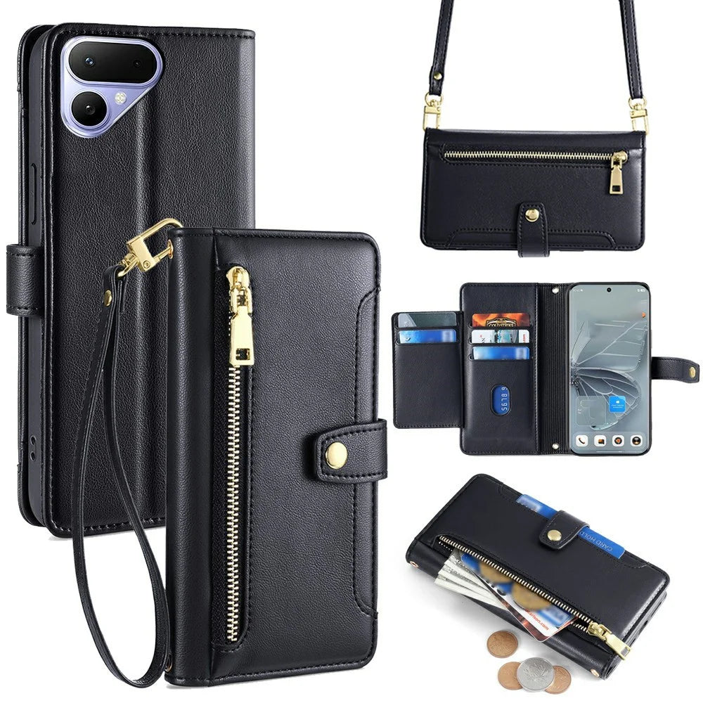For TECNO Pova Curve 2 5G Leather Case Zipper Pocket Wallet Phone Cover with 2 Straps - Black - 1