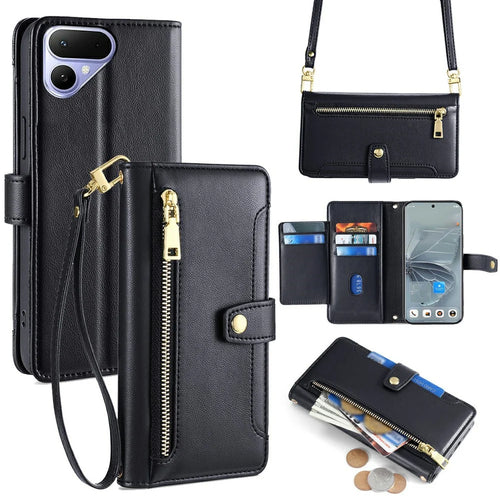 For TECNO Pova Curve 2 5G Leather Case Zipper Pocket Wallet Phone Cover with 2 Straps - Black - 1