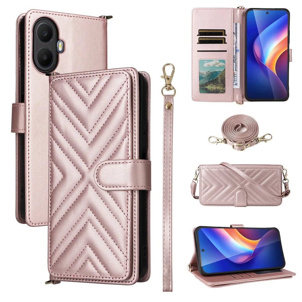 For TCL K70 5G Leather Case Stand Wallet Phone Cover with Shoulder  /  Wrist Strap - Pink - 1