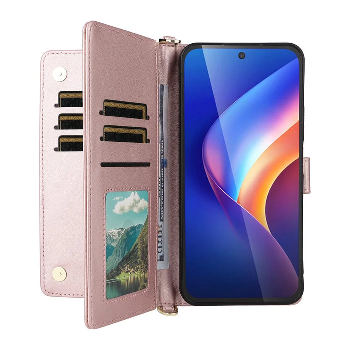 For TCL K70 5G Leather Case Stand Wallet Phone Cover with Shoulder  /  Wrist Strap - Pink - 2