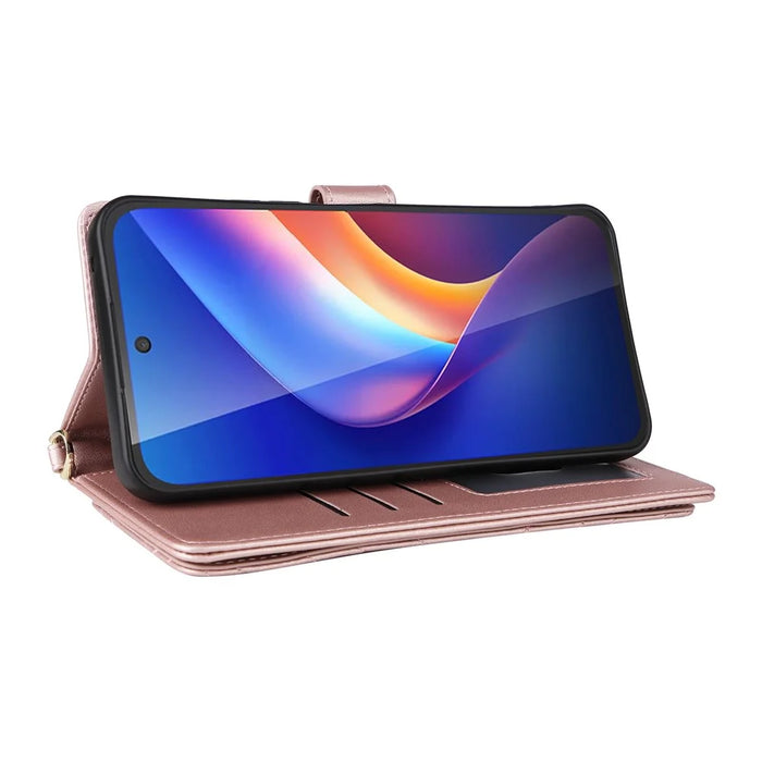 For TCL K70 5G Leather Case Stand Wallet Phone Cover with Shoulder  /  Wrist Strap - Pink - 5