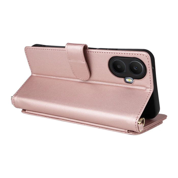For TCL K70 5G Leather Case Stand Wallet Phone Cover with Shoulder  /  Wrist Strap - Pink - 6