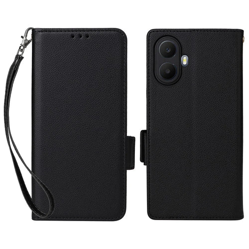 For TCL K70 5G Case Litchi Texture Wallet Leather Phone Cover with Wrist Strap - Black - 1