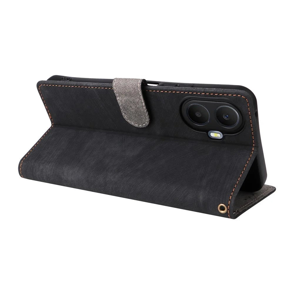 For TCL K70 5G Case Wallet RFID Blocking PU Leather Phone Cover Stand with Strap - Black - 5