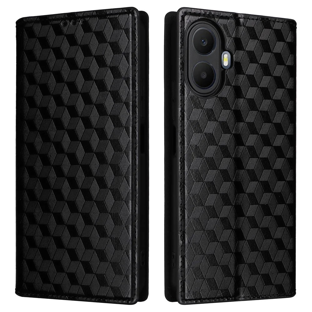 For TCL K70 5G Case Wallet Rhombus Imprinted PU Leather Phone Cover - Black - 1
