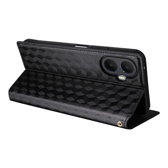 For TCL K70 5G Case Wallet Rhombus Imprinted PU Leather Phone Cover - Black - 5
