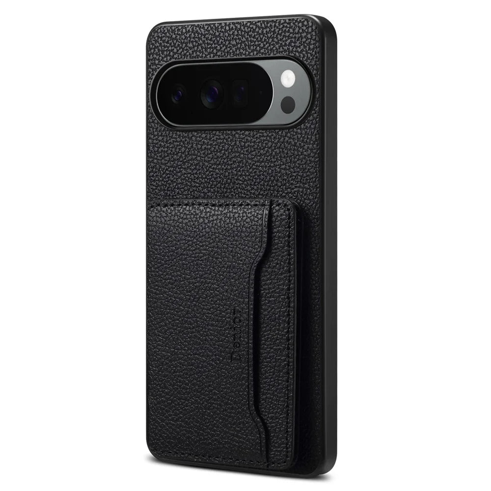 DENIOR D30 For Google Pixel 10 / 10 Pro Magnetic Case Detachable Card Holder Kickstand Litchi Texture Leather Back Phone Cover - Black - 1