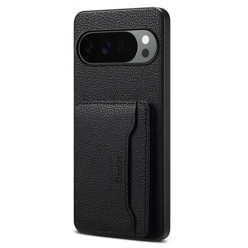 DENIOR D30 For Google Pixel 10 / 10 Pro Magnetic Case Detachable Card Holder Kickstand Litchi Texture Leather Back Phone Cover - Black - 1