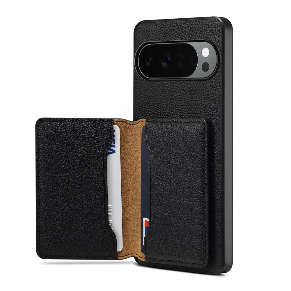 DENIOR D30 For Google Pixel 10 / 10 Pro Magnetic Case Detachable Card Holder Kickstand Litchi Texture Leather Back Phone Cover - Black - 4