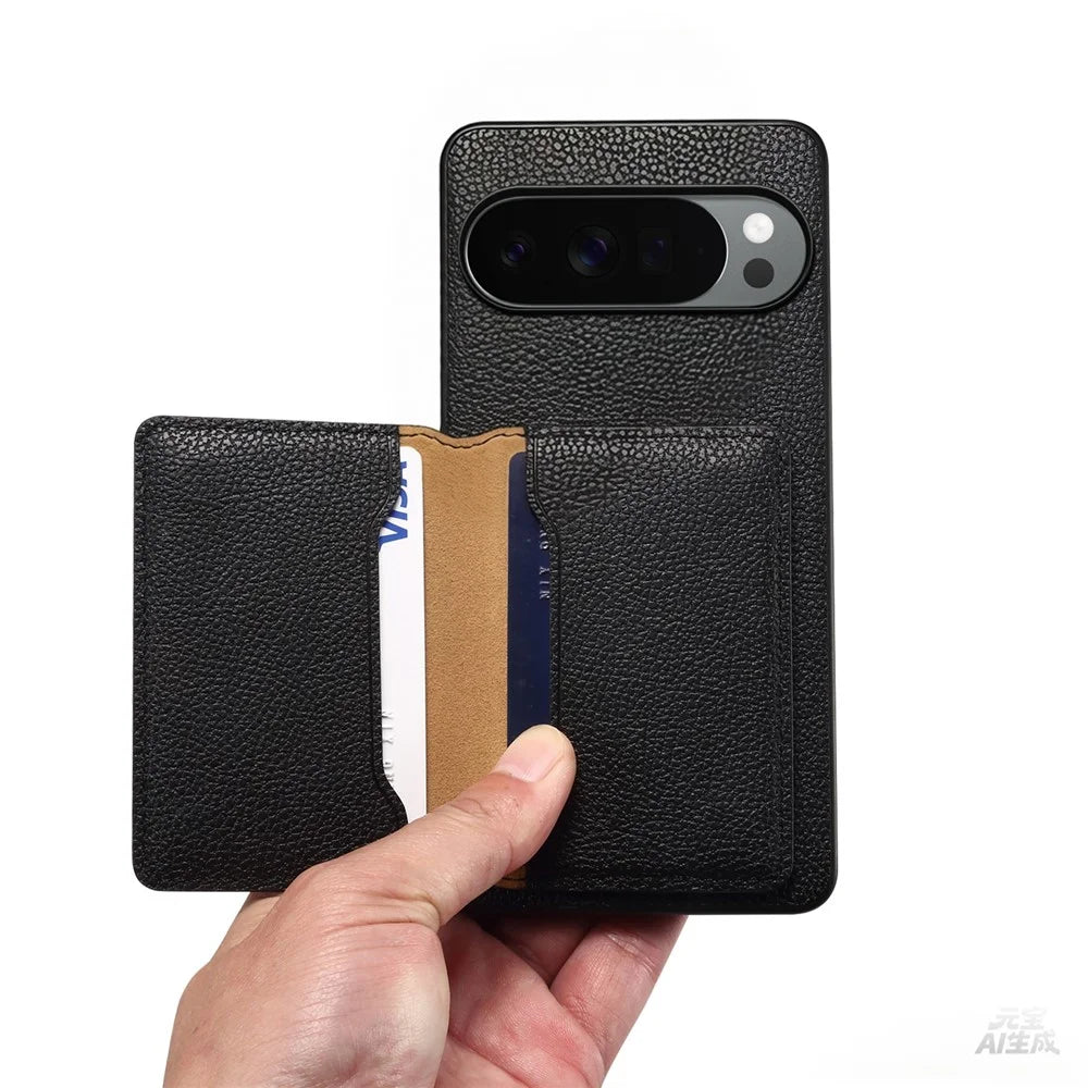 DENIOR D30 For Google Pixel 10 / 10 Pro Magnetic Case Detachable Card Holder Kickstand Litchi Texture Leather Back Phone Cover - Black - 6