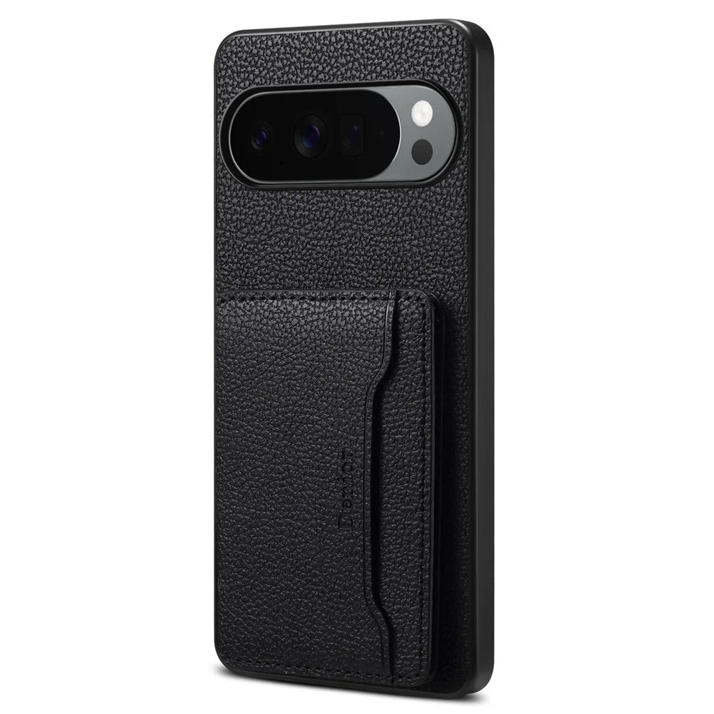 DENIOR D30 For Google Pixel 10 Pro XL Magnetic Case Detachable Card Holder Kickstand Litchi Texture Leather Back Phone Cover - Black - 1